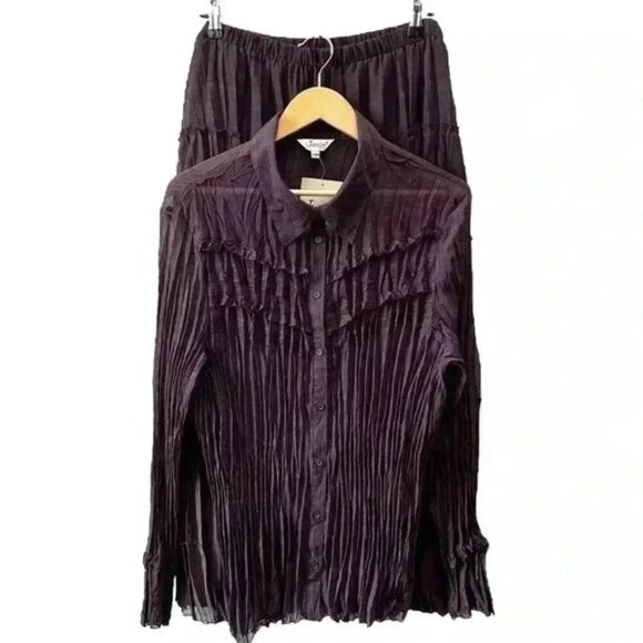 Vintage Maxi  Skirt Blouse 2PC Set Plisse Pleated Purple Metallic 22/24W NEW - Picture 1 of 16